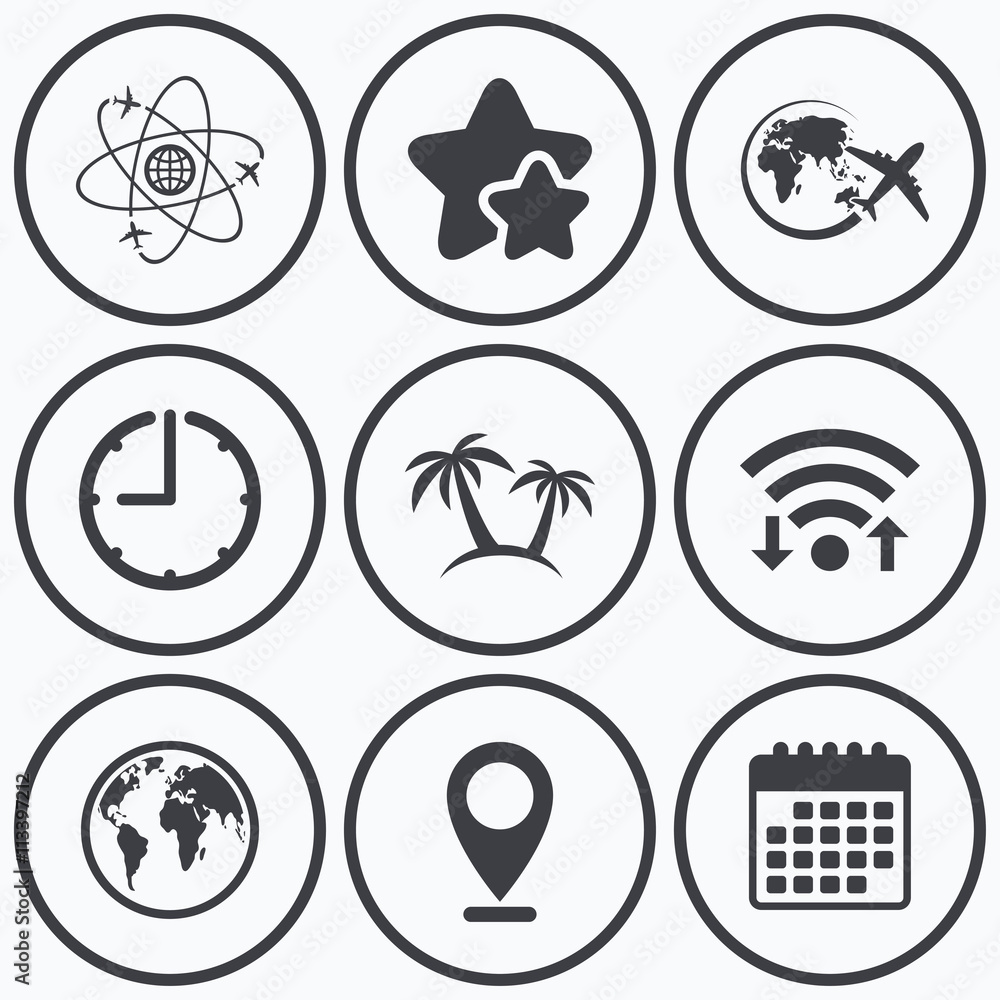 Travel trip icon. Airplane, world globe symbols.
