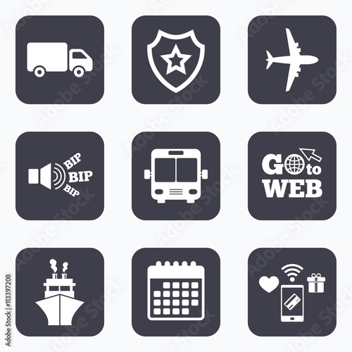 Transport icons. Truck, Airplane, Bus and Ship.