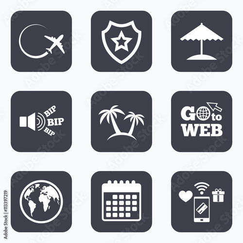 Travel trip icon. Airplane, world globe symbols.