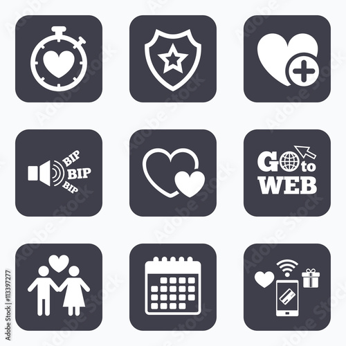 Valentine day icons. Love heart timer sign.