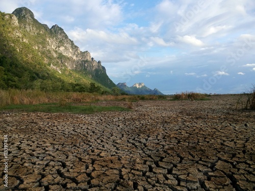 Drought makes The wetland dry and become cracked land , The drought of wetland on June 13,2016,Sam Roi Yot National Park , Prachuap Khiri Khan,Thailand 