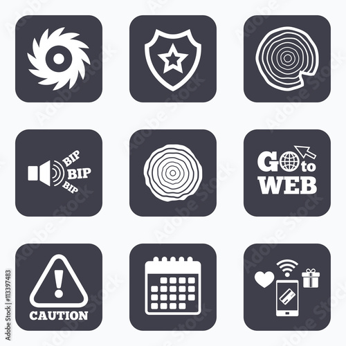 Wood and saw circular wheel icons. Attention.