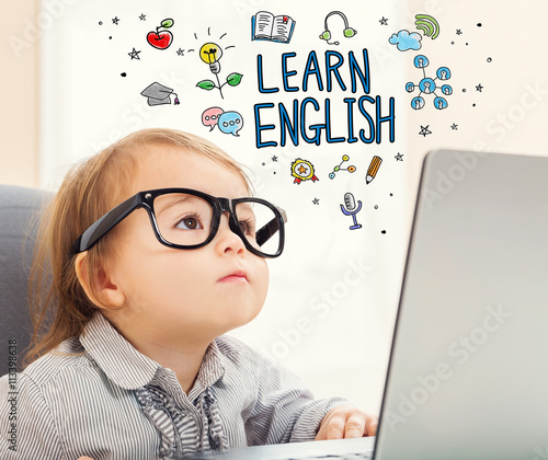 Fényképezés Learn English concept with toddler girl