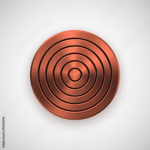 Bronze abstract circle geometric badge, technology perforated button template with metal texture, chrome, silver, steel, copper and realistic shadow for logo, design, web, apps. Vector illustration.