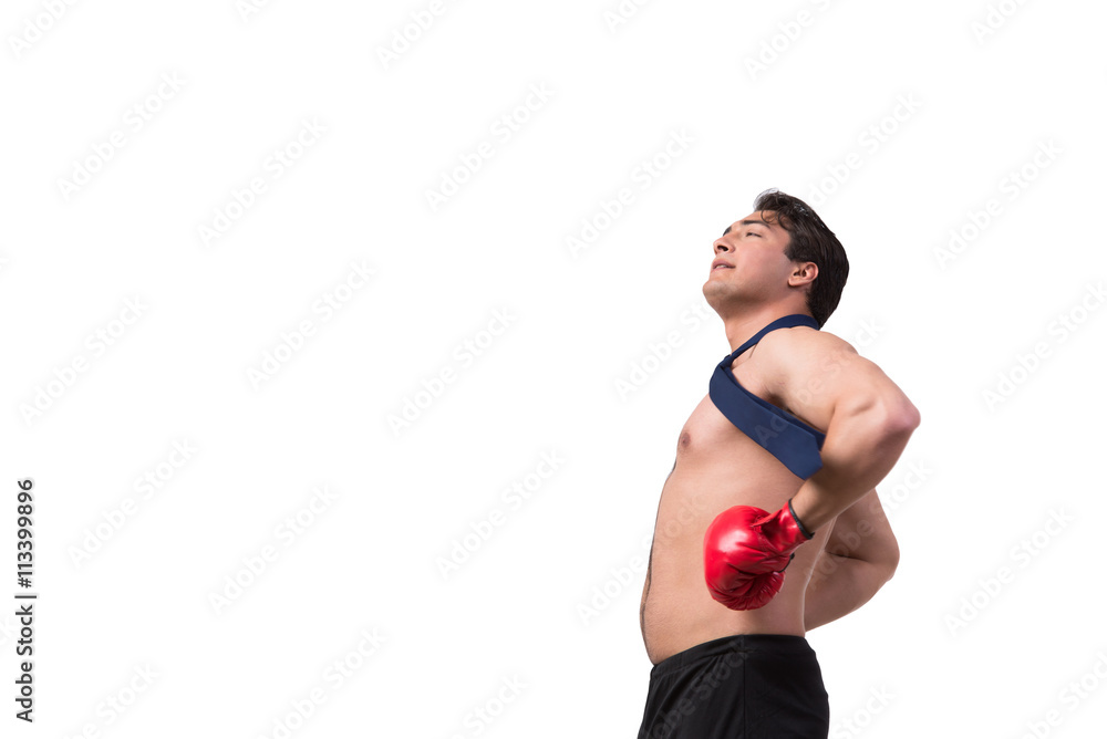 Ripped businessman with boxing gloves isolated on white