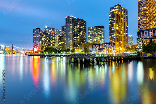 Long Island City skyline at dusk. LIC is the westernmost residential and commercial neighborhood of the NYC borough of Queens