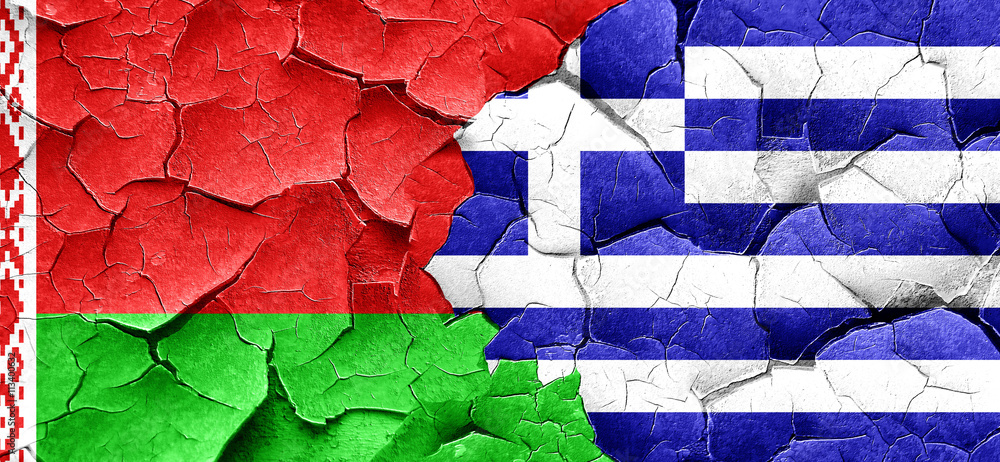 Belarus flag with Greece flag on a grunge cracked wall