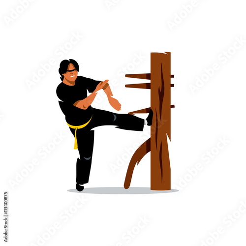 Vector Wing Chun kung fu Man at a wooden dummy. Cartoon Illustration. 