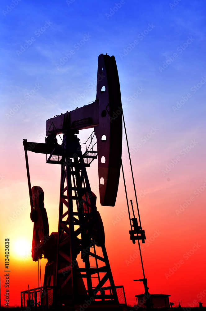 Oil Pump on orange sunset - obrazy, fototapety, plakaty 