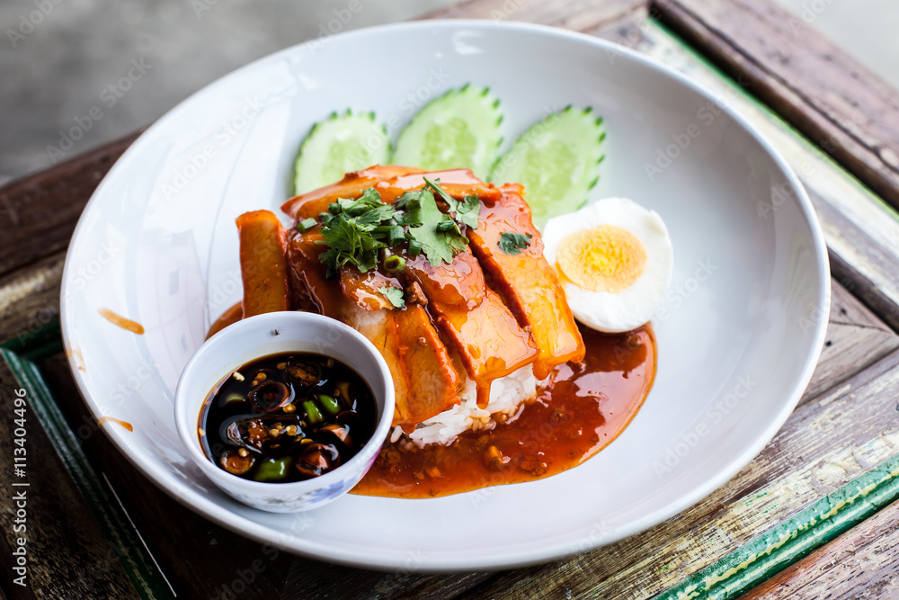 rice with roasted pork, rice with red pork, Thai Food rice with roasted pork, rice with red pork, Thai Food