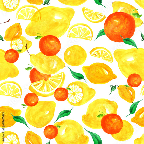 Watercolor pattern of tropical fruit - citrus  oranges  grapefruit  lemons 