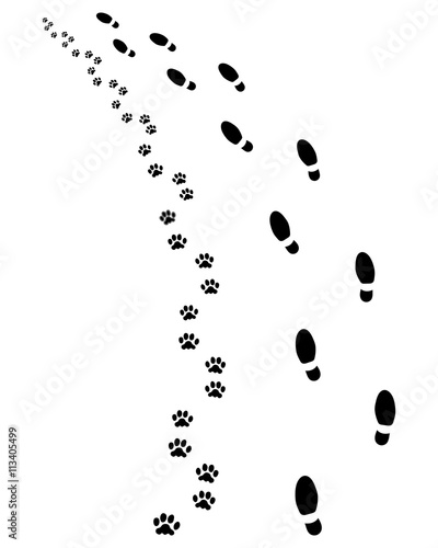 Footprints of man and dog, turn left, vector