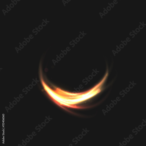 The rings of light with sparkling lines. Bokeh particles on the swirling circles. Motion element on black background glowing light. Shiny gold color dodge effect. Vector illustration.