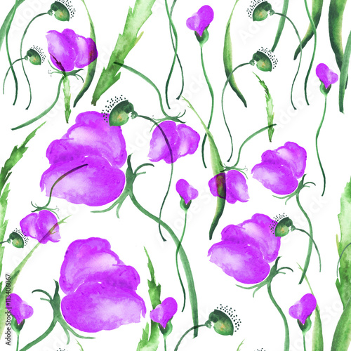      pattern of purple  lilac  flowers in watercolor. Flower poppy  stained glass painting with watercolors on white background 