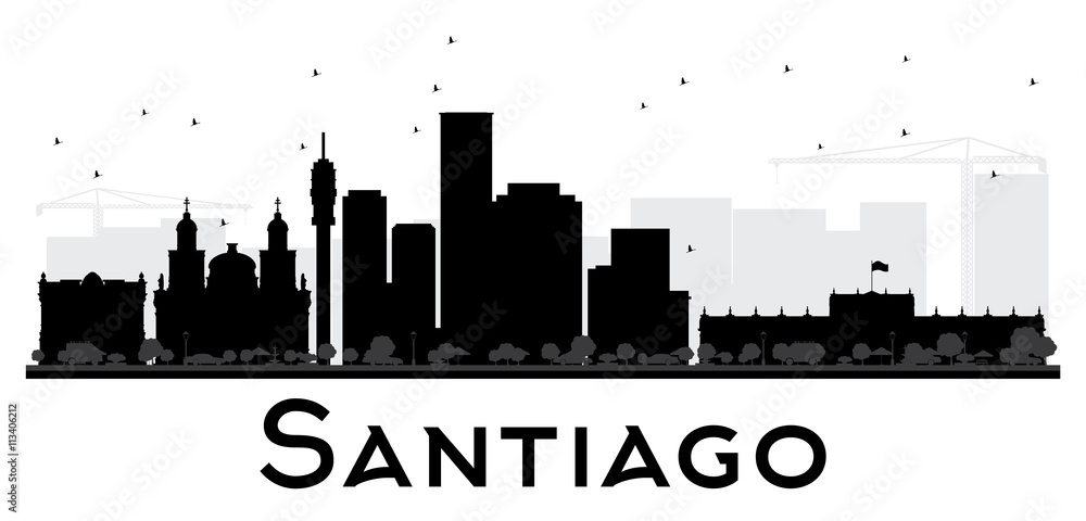 Santiago City skyline black and white silhouette.