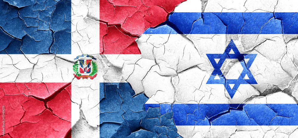 dominican republic flag with Israel flag on a grunge cracked wal