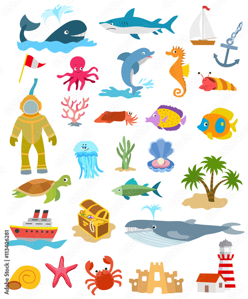 Naklejka premium set of sea and ocean animals and fishes, palm trees and sand castle, ships, golden chest, lighthouse