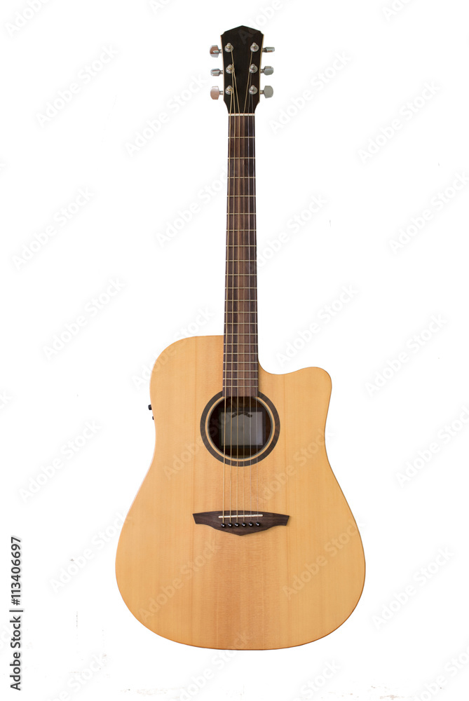 Acoustic guitar is isolated on white background.