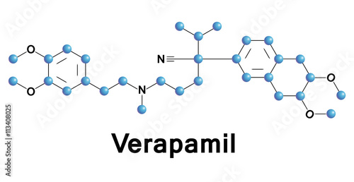 Verapamil is a calcium channel blocker used in the treatment of hypertension, angina pectoris, cardiac arrhythmia and cluster headaches. Vector medical illustration.