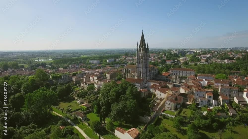 Europe, France, Charente-Maritime, Saintes City, Aerial view of St. Eutrope church, listed as World Heritage by UNESCO, UHD movie, 4K (3840X2160) Europe, France, Charente-Maritime, Saintes City, Aerial view of St. Eutrope church, listed as World Heritage by UNESCO, UHD movie, 4K (3840X2160)