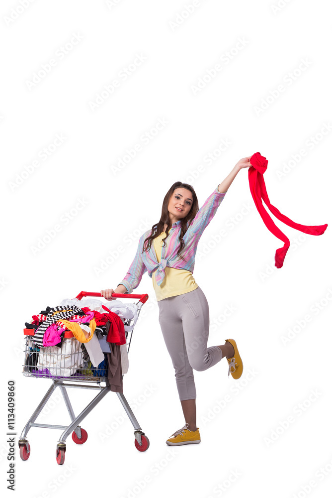 Woman after buying second hand clothing on white Woman after buying second hand clothing on white