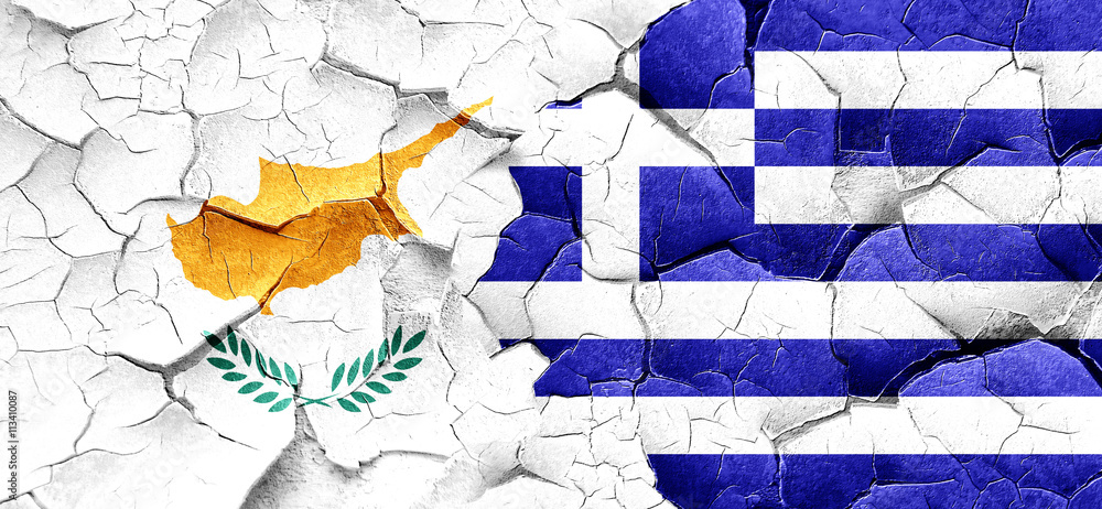 Cyprus flag with Greece flag on a grunge cracked wall - obrazy, fototapety, plakaty 