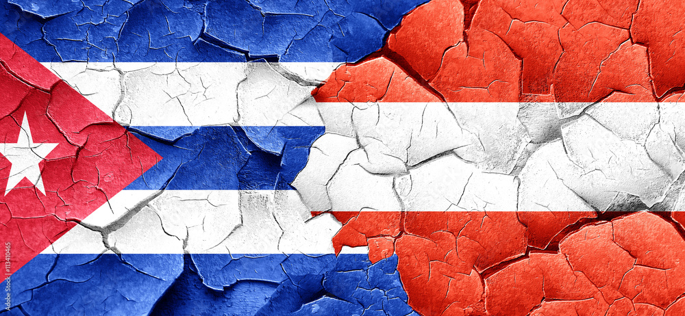 Cuba flag with Austria flag on a grunge cracked wall Cuba flag with Austria flag on a grunge cracked wall