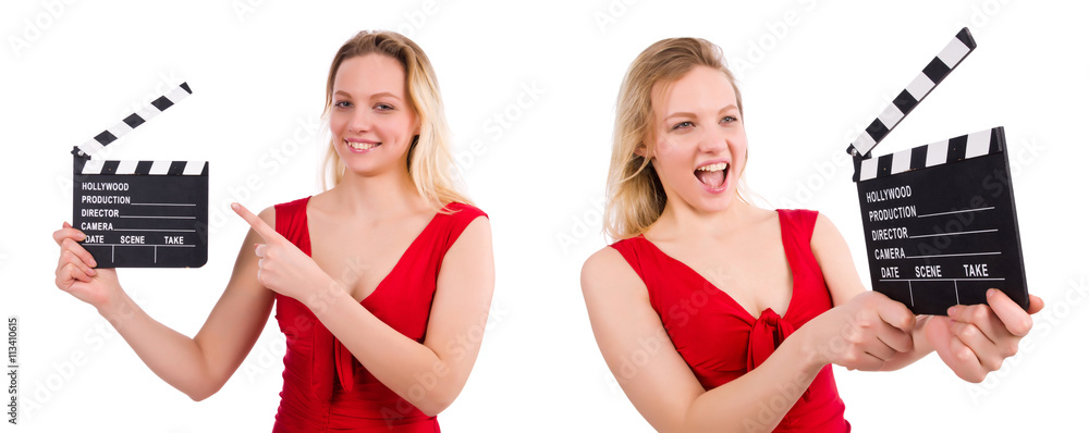 Red dress girl holding clapboard isolated on white