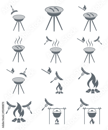 Set of sausage cooking on campfire icons. Vector illustration    
