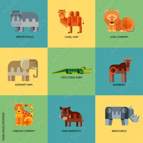 Vector set of different geometric flat african animals icons