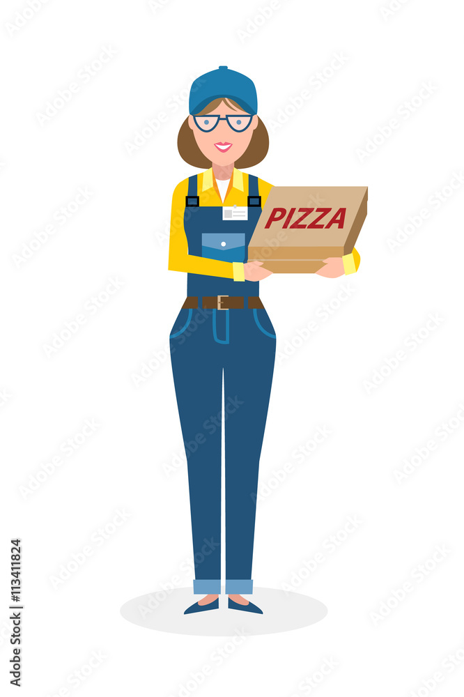 Delivery woman with pizza boxes. Fast transportation. Isolated cartoon character on white background. Postwoman, courier with fresh pizza. Handsome smiling female chararcter.