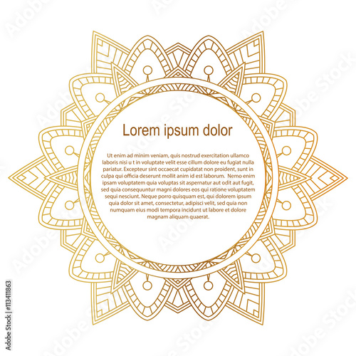 Round gold border frame. Mandala ornament. White background.