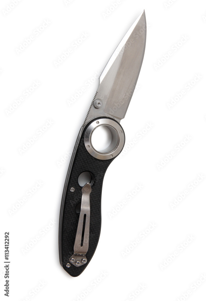 Folding metal knife on a white background Folding metal knife on a white background