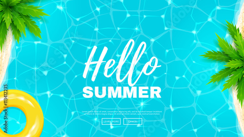 Hello summer web banner. Beautiful background on the sea topic with palm trees. Vector illustration. Hello Summer Holiday backdrop.