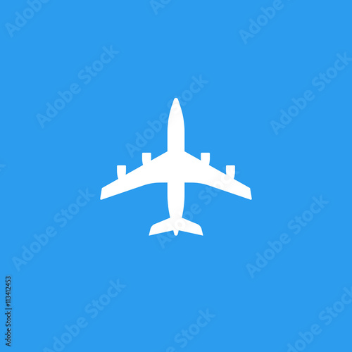 Plane silhouette vector isolated on blue background, flat white plane shape icon