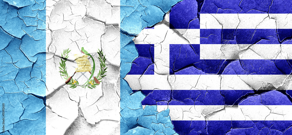 guatemala flag with Greece flag on a grunge cracked wall - obrazy, fototapety, plakaty 