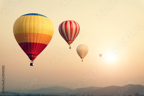 Hot air balloon on sun sky with cloud  vintage and retro filter effect style