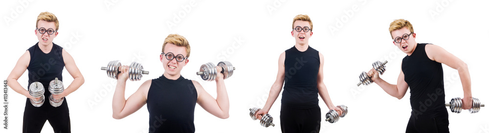 Man with dumbbells isolated on white Man with dumbbells isolated on white