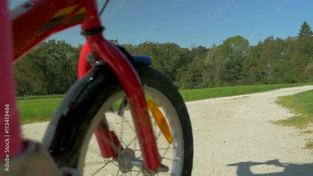 Low angle, rear view of a cute little girl how rides her red bike on offroad in the park
Low angle, rear view of a cute little girl how rides her red bike on offroad in the park