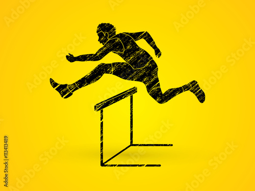 Hurdler hurdling designed using grunge brush graphic vector.