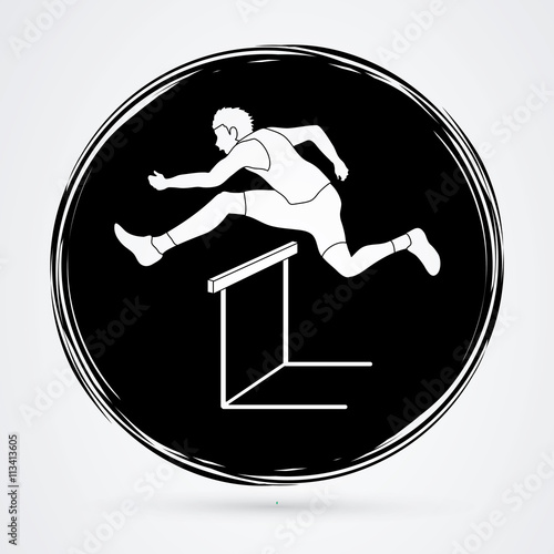 Hurdler hurdling designed on grunge circle background graphic vector.