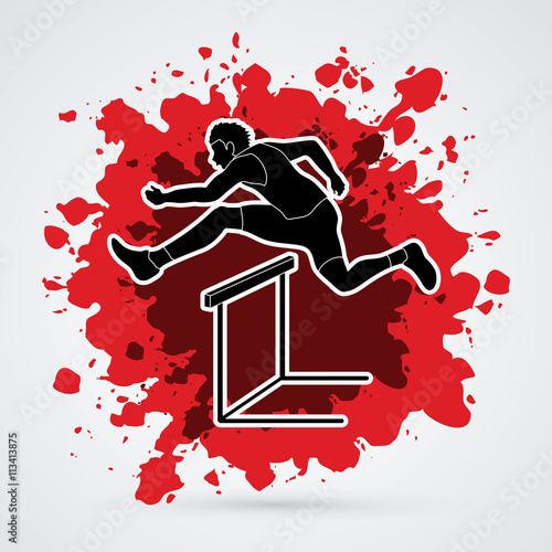 Hurdler hurdling designed on splatter blood background graphic vector.