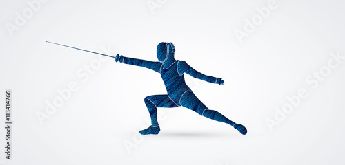 Fencing action designed using blue grunge brush graphic vector.
