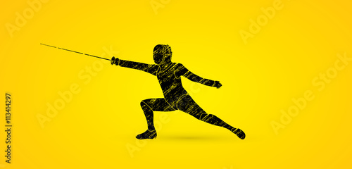 Fencing action designed using black grunge brush graphic vector.