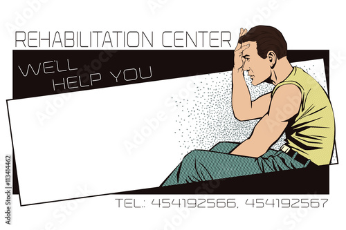 Upset man clutching his head. Template ads rehabilitation center