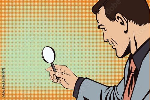 People in retro style. Man with magnifier.