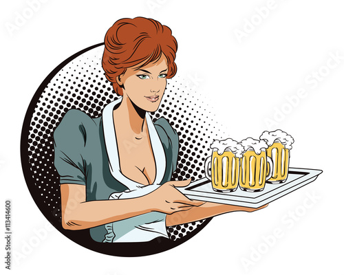 People in retro style. A waitress carrying a tray with a beer.