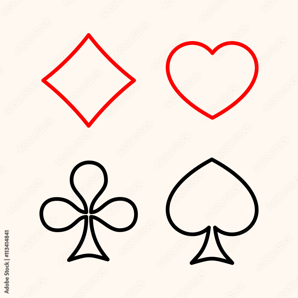 Set of playing card suits flat line style icon logo isolated on background. Vector illustration
