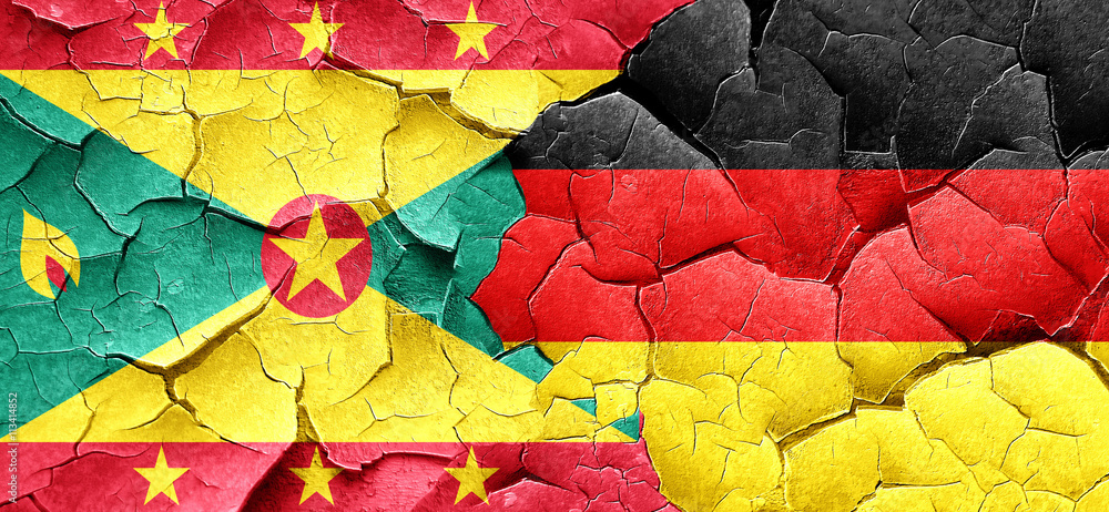 Grenada flag with Germany flag on a grunge cracked wall