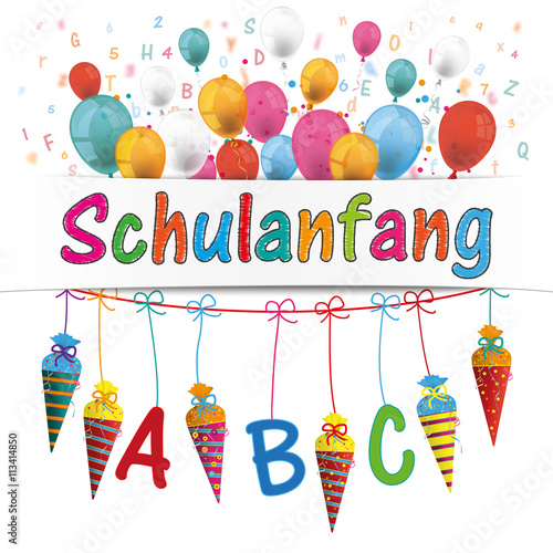 Schulanfang - Banner mit Zuckertüten, Luftballons und Buchstaben